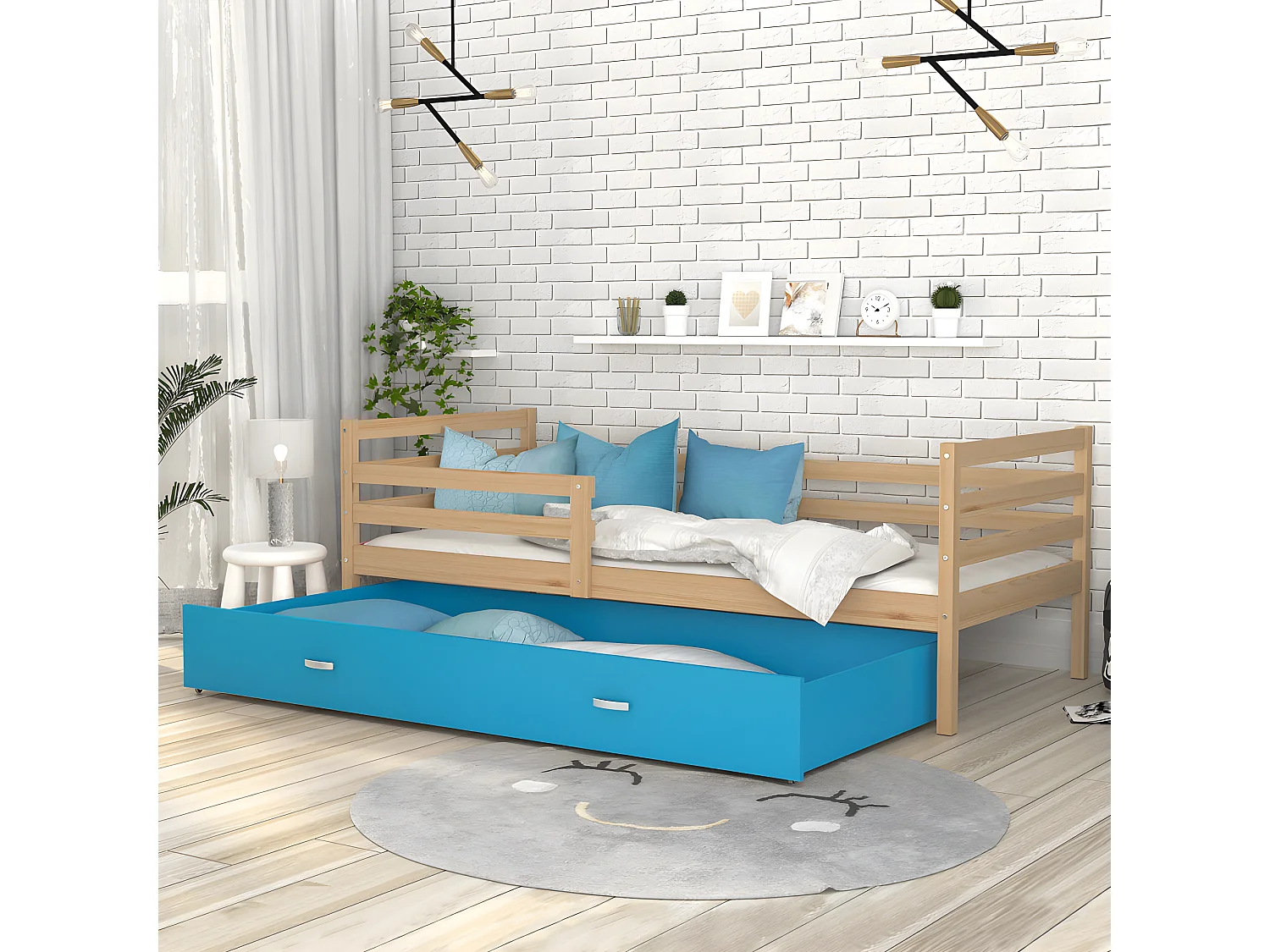 Lit Gigogne Milo 90x190 Pin - bleu Livré avec sommiers, tiroir et matelas en mousse de 7cm