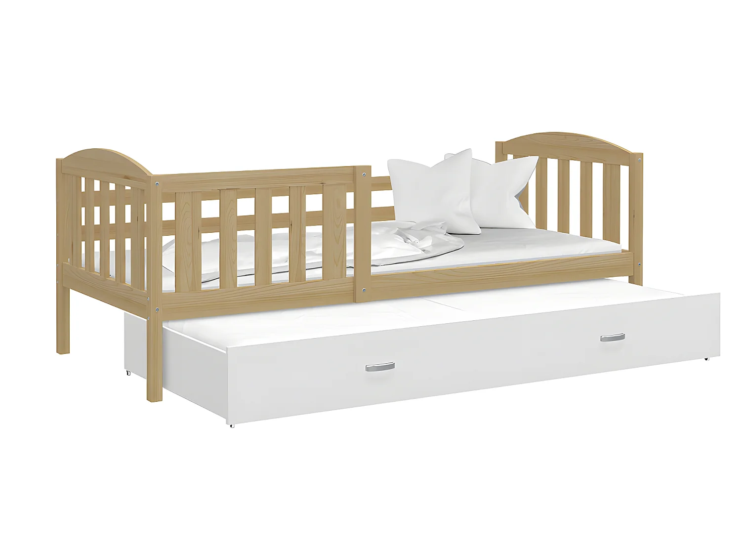 Lit Gigogne Teo 90x190 Pin - blanc Livré avec sommiers, tiroir et matelas en mousse de 7cm