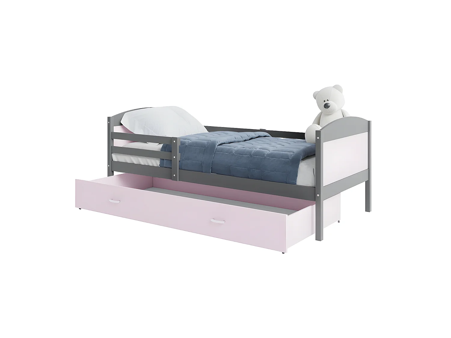 Lit Gigogne Mateo 90x190 Gris - rose Livré avec sommiers, tiroir et matelas en mousse de 7cm