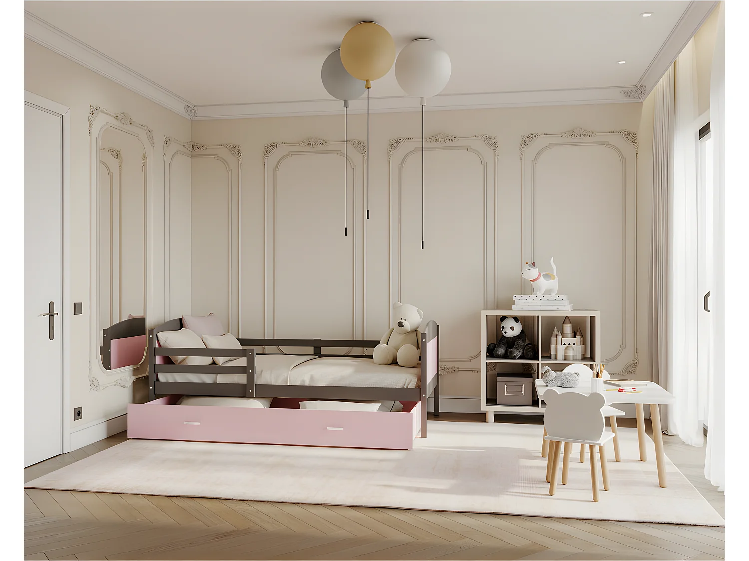 Lit Gigogne Mateo 90x190 Gris - rose Livré avec sommiers, tiroir et matelas en mousse de 7cm