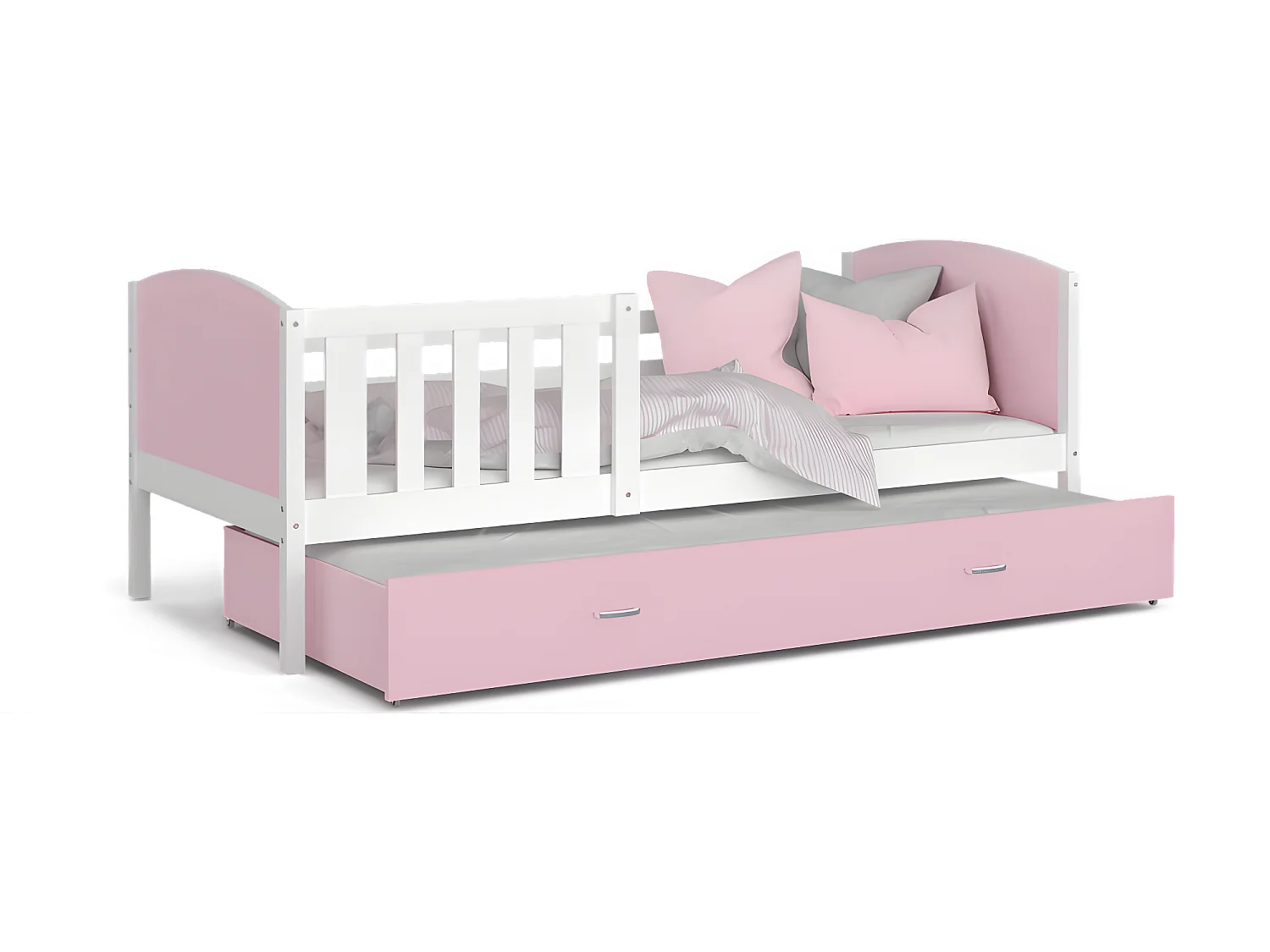 Lit Gigogne Tomy 90x190 Blanc - rose Livré avec sommiers, tiroir et matelas en mousse de 7cm