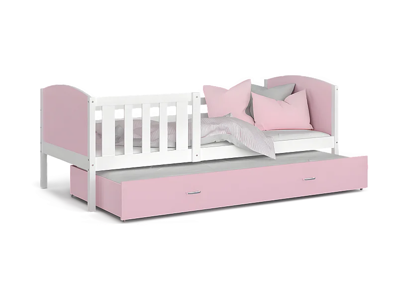 Lit Gigogne Tomy 90x190 Blanc - rose Livré avec sommiers, tiroir et matelas en mousse de 7cm