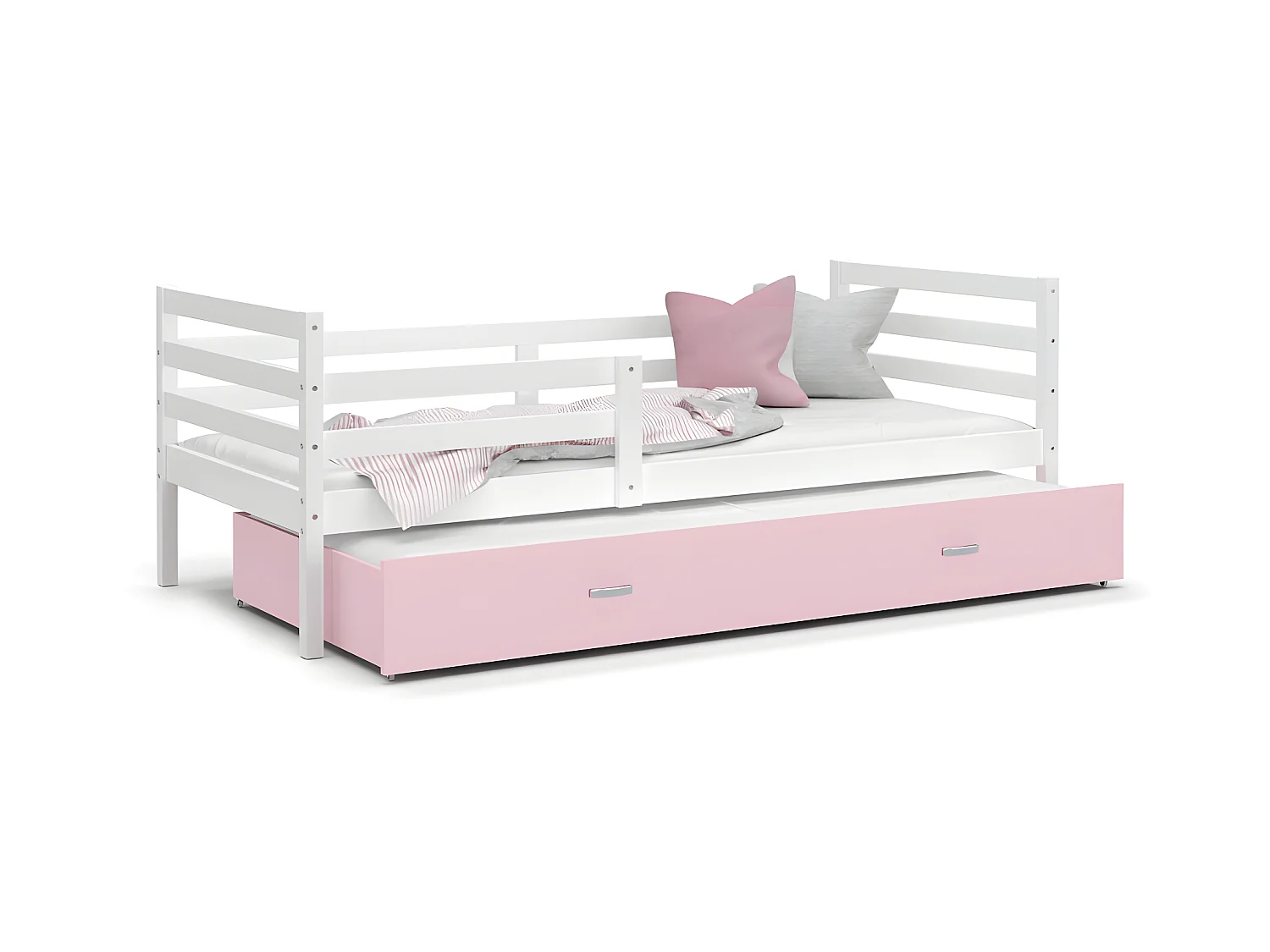 Lit Gigogne Milo 90x190 Blanc - rose Livré avec sommiers, tiroir et matelas en mousse de 7cm
