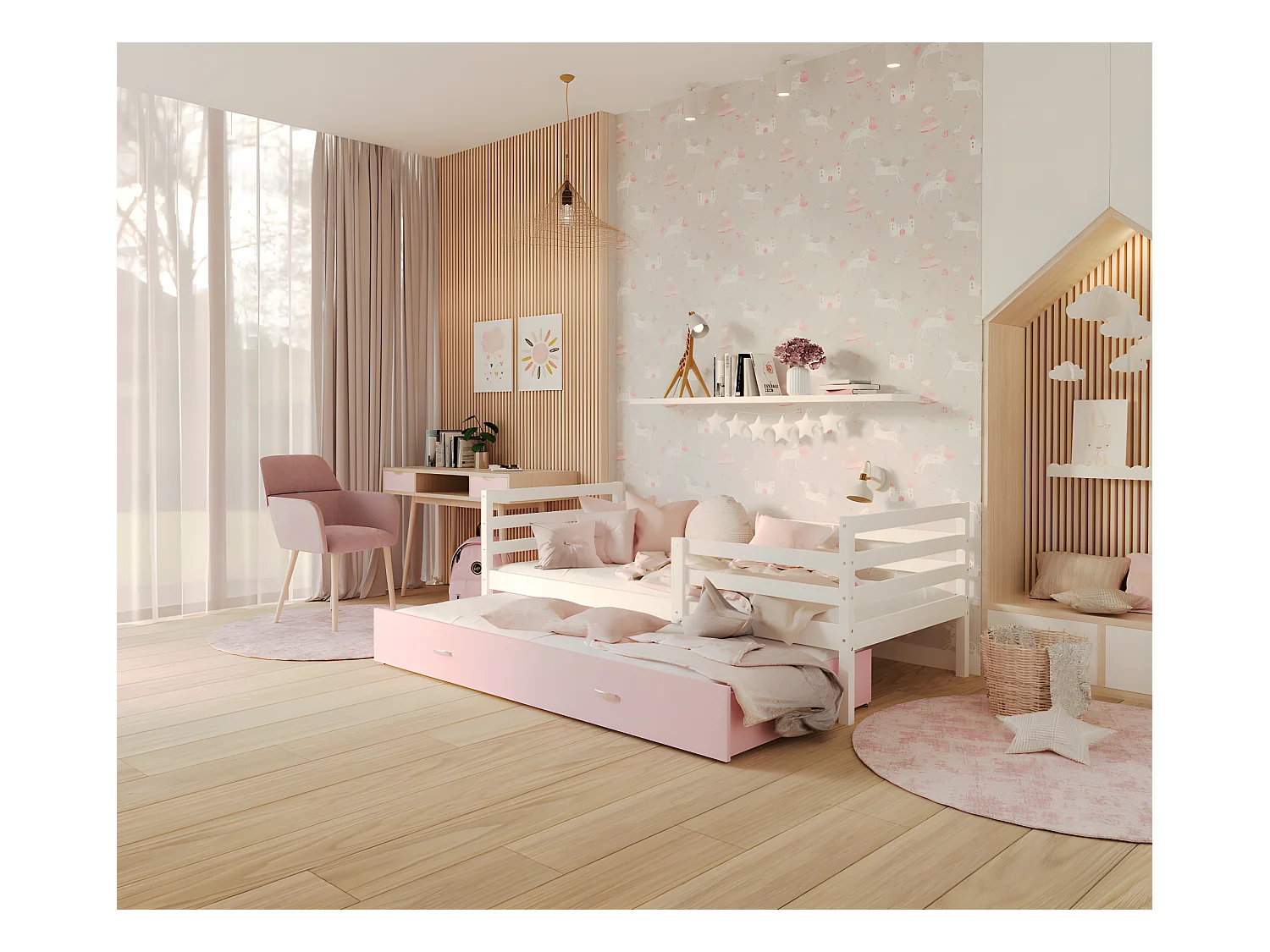 Lit Gigogne Milo 90x190 Blanc - rose Livré avec sommiers, tiroir et matelas en mousse de 7cm