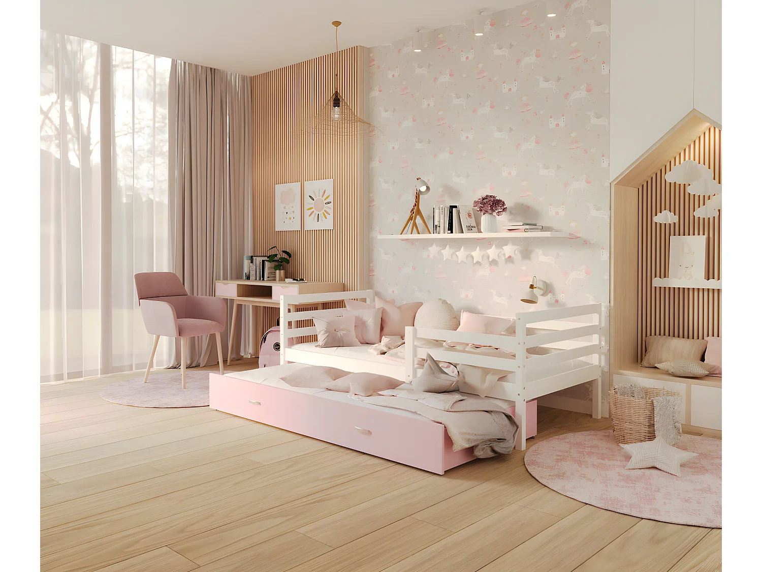 Lit Gigogne Milo 90x190 Blanc - rose Livré avec sommiers, tiroir et matelas en mousse de 7cm