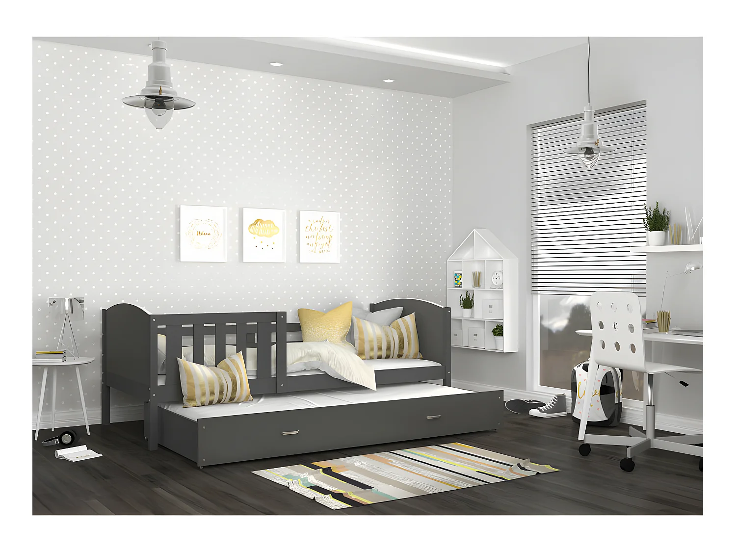 Lit Gigogne Tomy 90x190 Gris - gris Livré avec sommiers, tiroir et matelas en mousse de 7cm