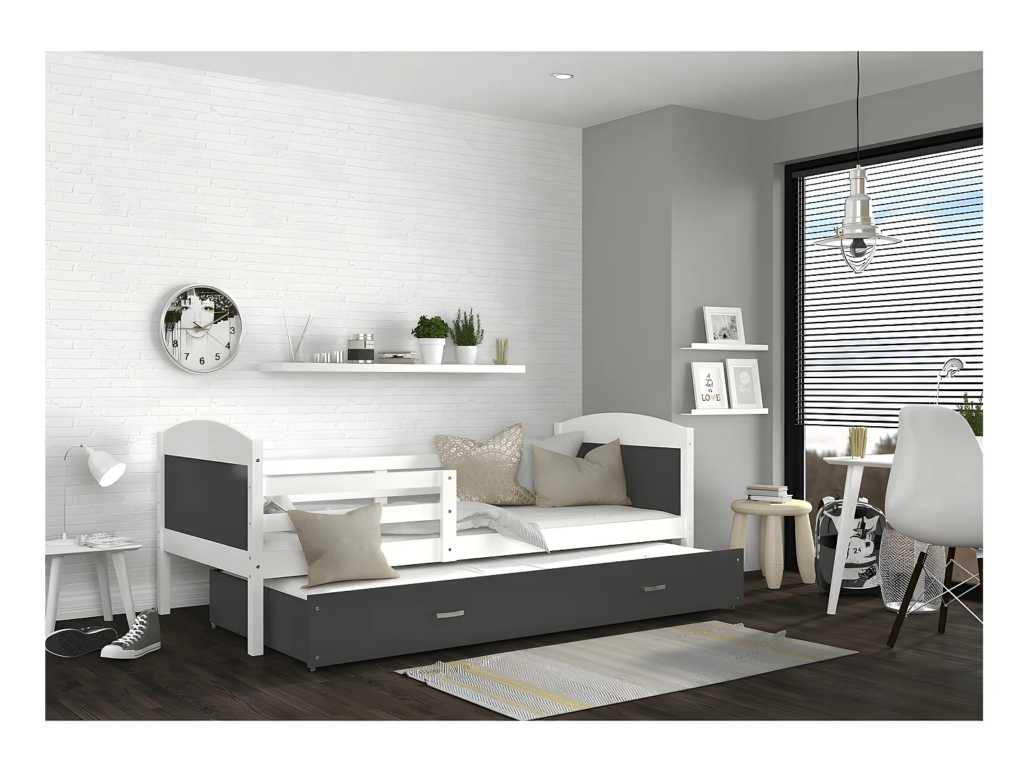 Lit Gigogne Mateo 90x190 Blanc - gris Livré avec sommiers, tiroir et matelas en mousse de 7cm