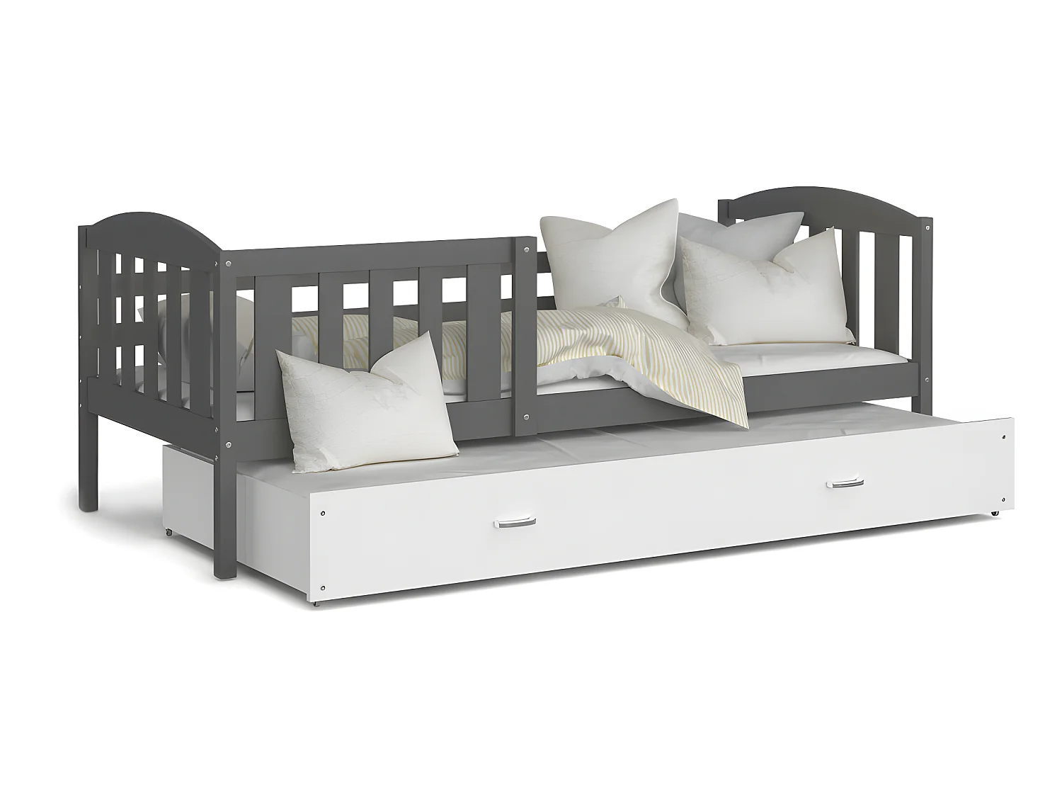 Lit Gigogne Teo 90x190 Gris - blanc Livré avec sommiers, tiroir et matelas en mousse de 7cm