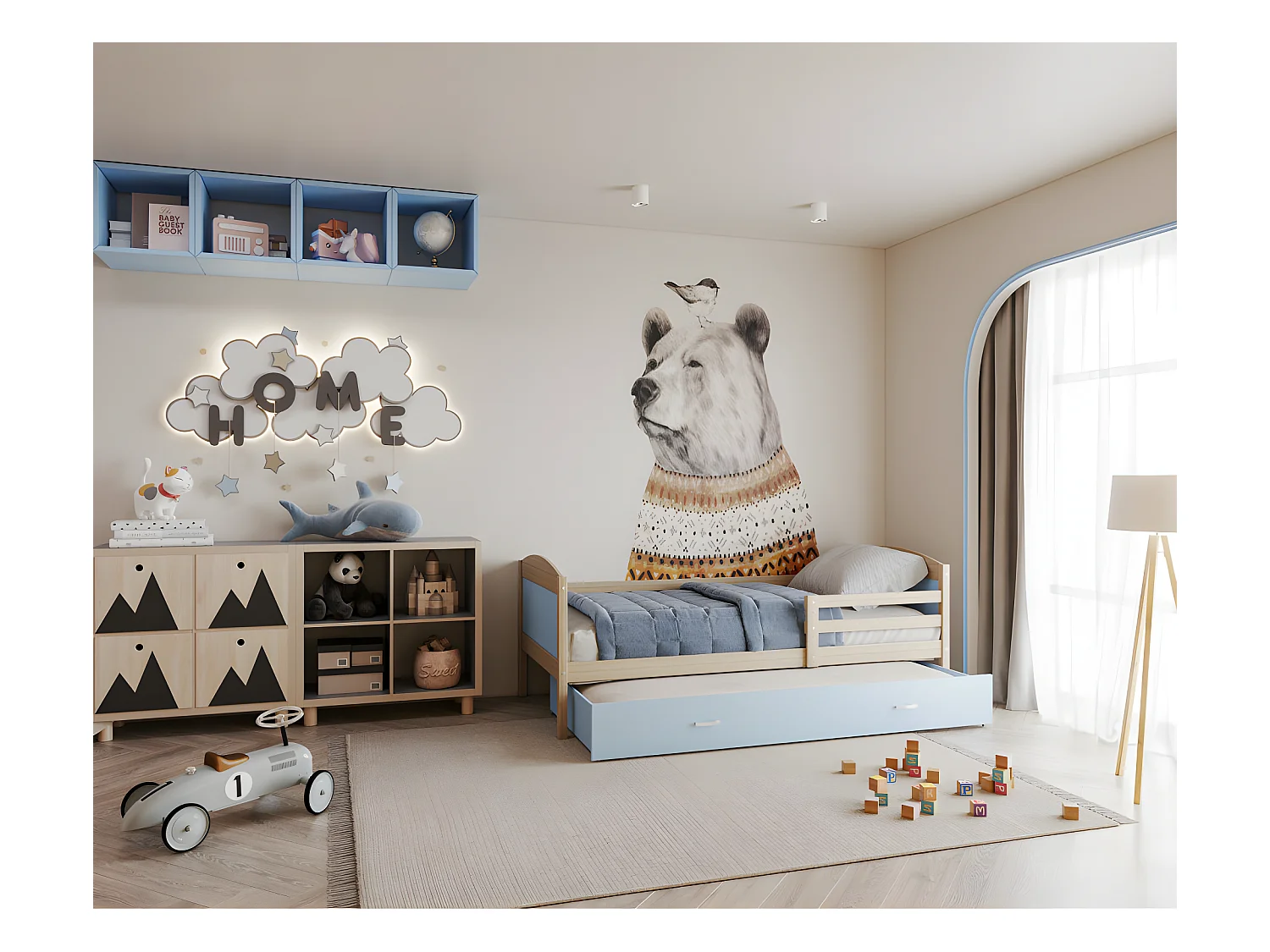 Lit Gigogne Mateo 90x190 Pin - bleu Livré avec sommiers, tiroir et matelas en mousse de 7cm