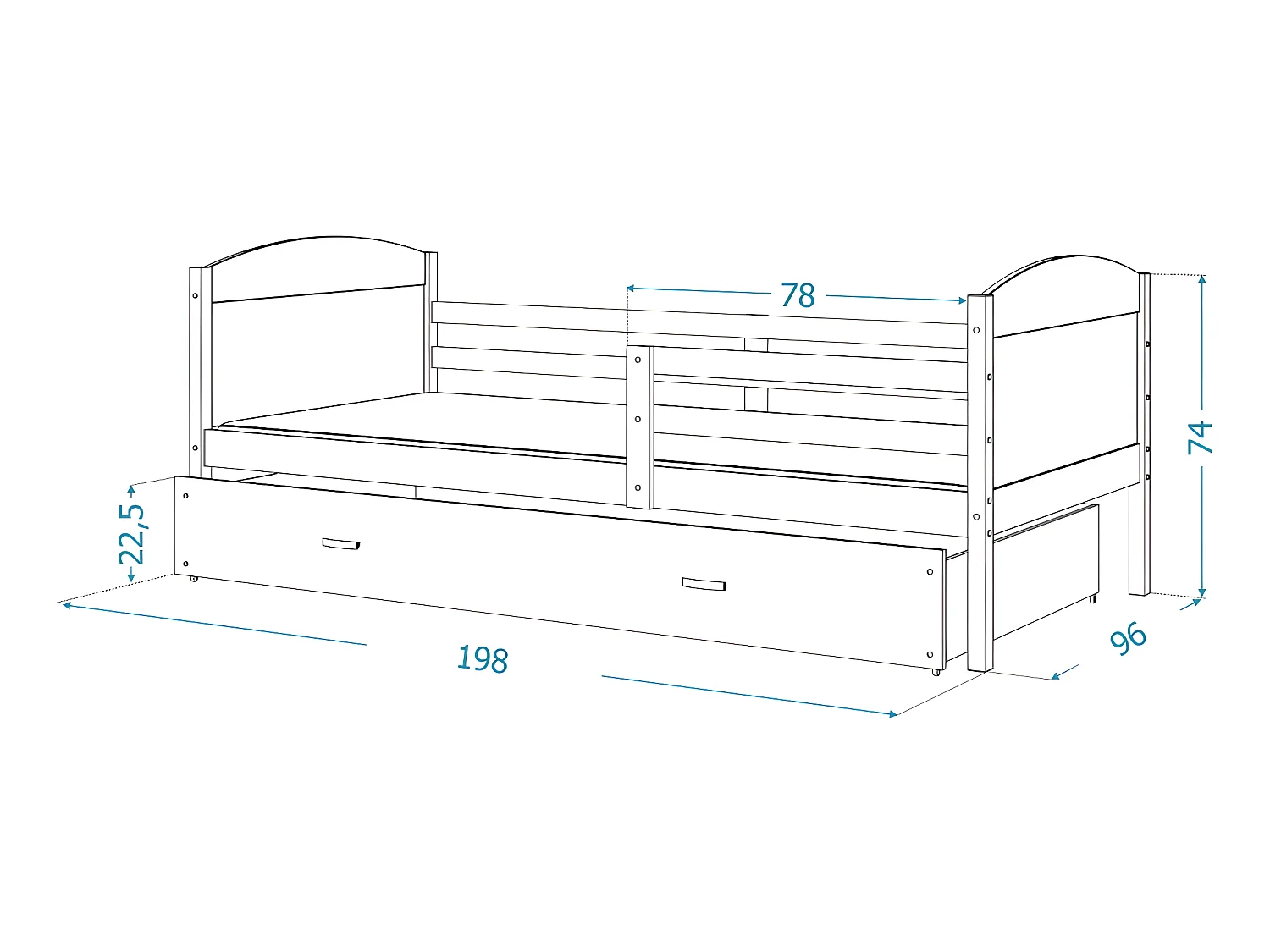 Lit Gigogne Mateo 90x190 Pin - bleu Livré avec sommiers, tiroir et matelas en mousse de 7cm