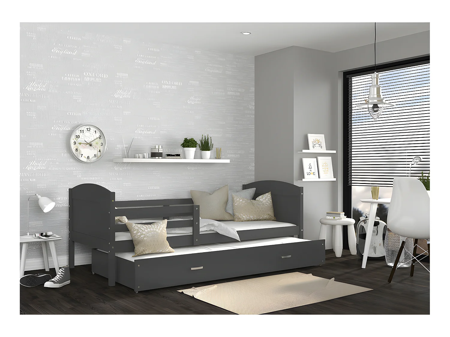 Lit Gigogne Mateo 90x190 Gris - gris Livré avec sommiers, tiroir et matelas en mousse de 7cm