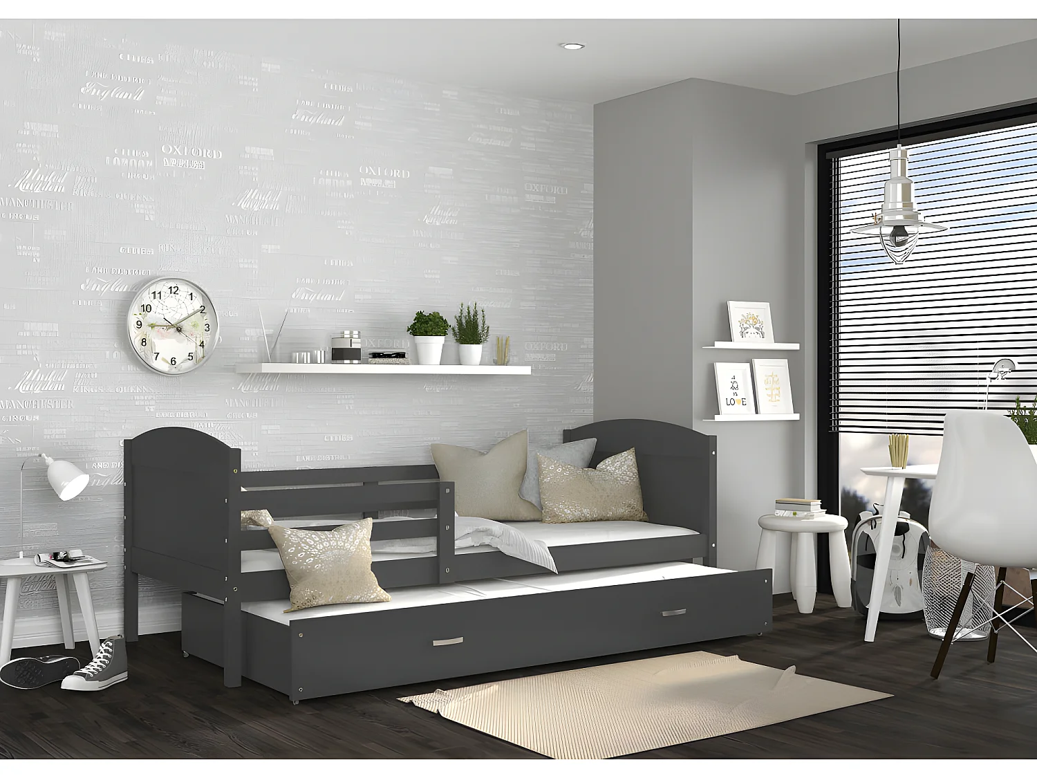 Lit Gigogne Mateo 90x190 Gris - gris Livré avec sommiers, tiroir et matelas en mousse de 7cm