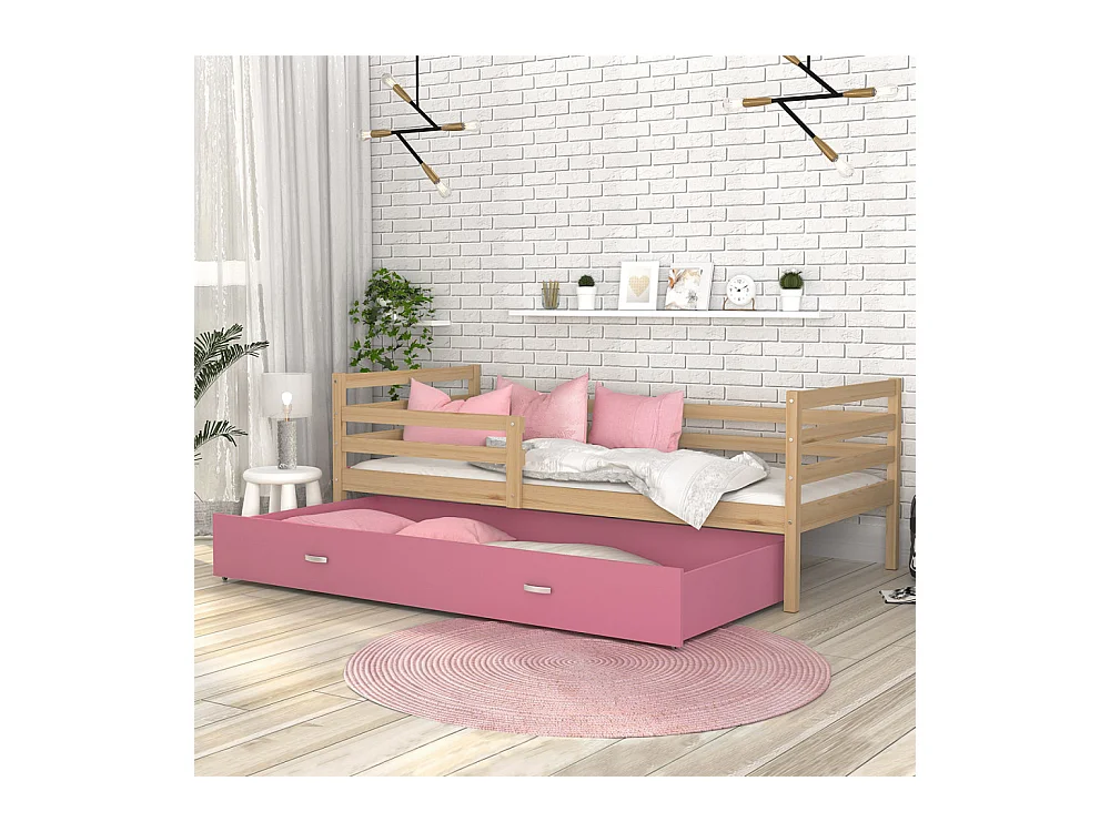 Lit Gigogne Milo 90x190 Pin - rose Livré avec sommiers, tiroir et matelas en mousse de 7cm
