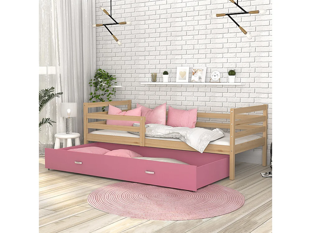 Lit Gigogne Milo 90x190 Pin - rose Livré avec sommiers, tiroir et matelas en mousse de 7cm