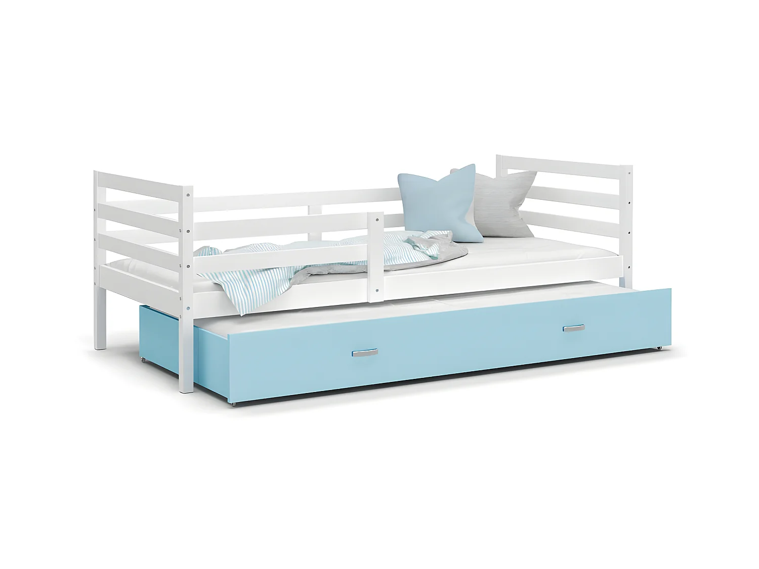 Lit Gigogne Milo 90x190 Blanc - bleu Livré avec sommiers, tiroir et matelas en mousse de 7cm