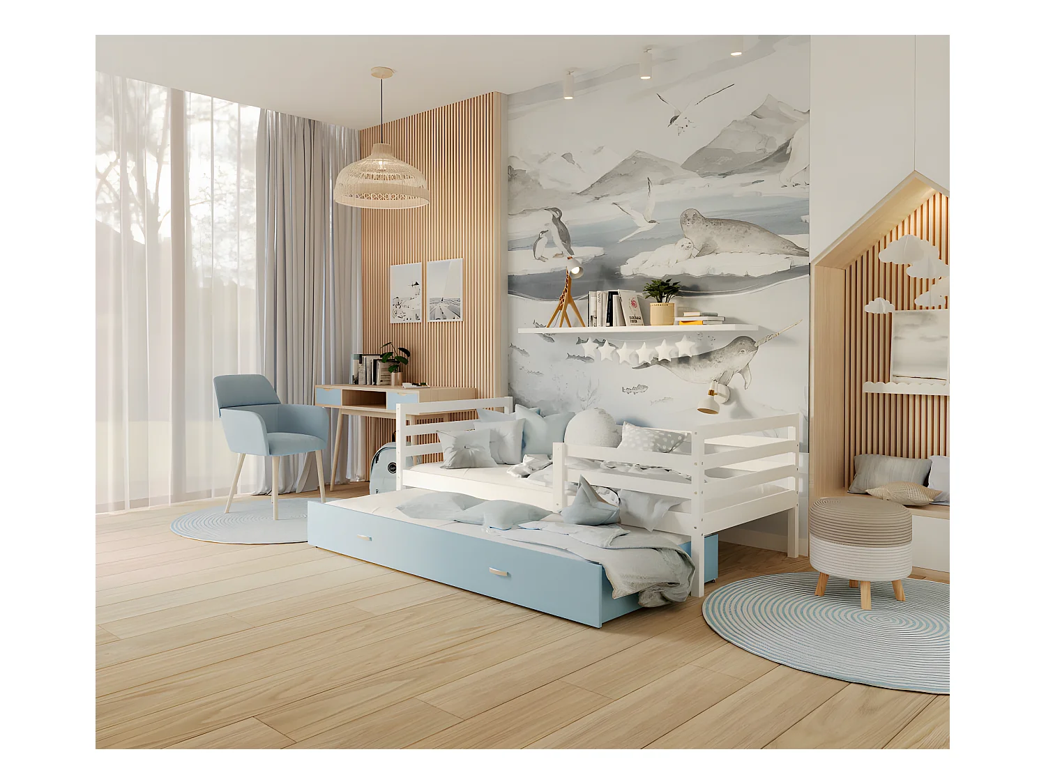 Lit Gigogne Milo 90x190 Blanc - bleu Livré avec sommiers, tiroir et matelas en mousse de 7cm