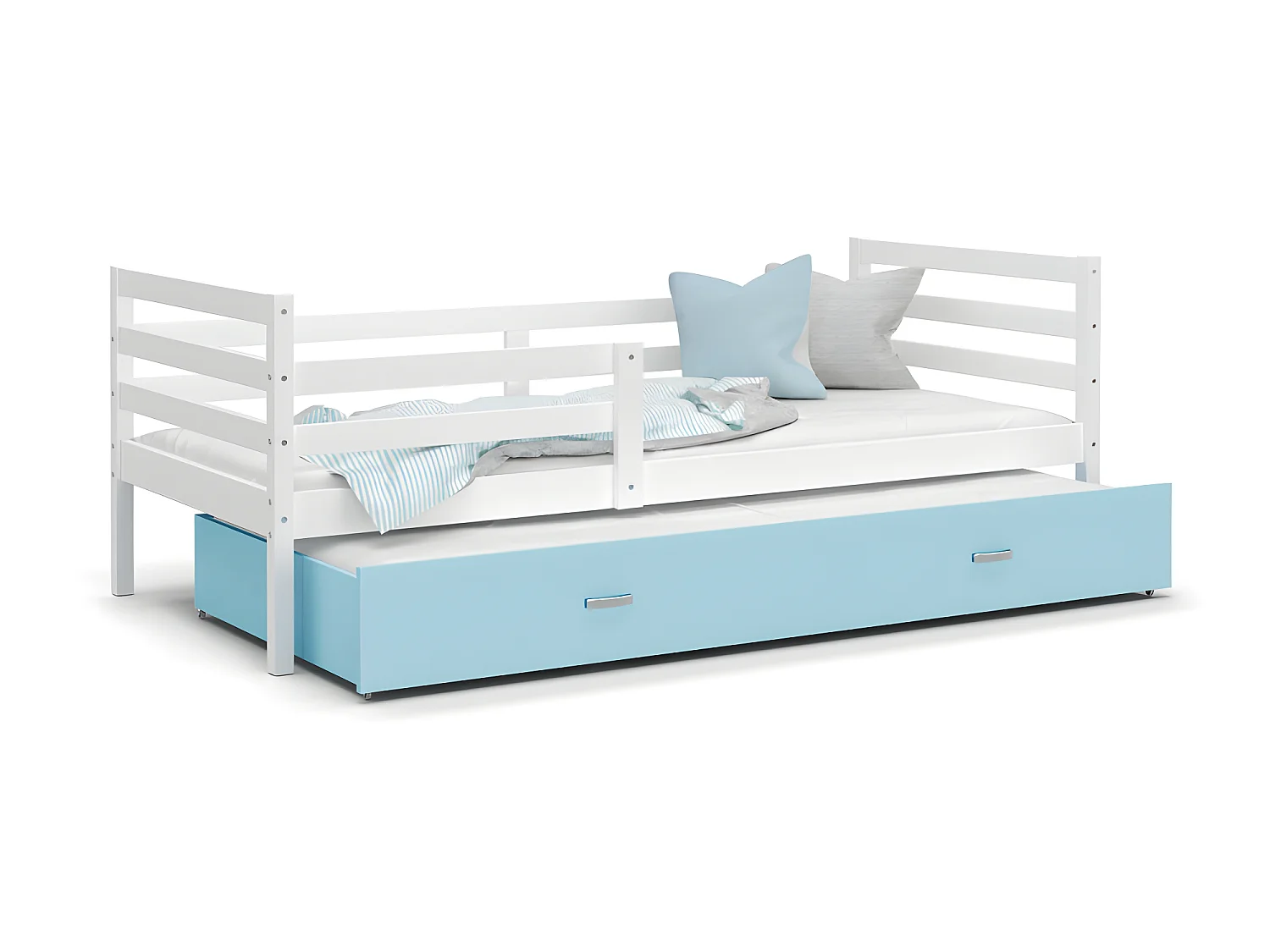 Lit Gigogne Milo 90x190 Blanc - bleu Livré avec sommiers, tiroir et matelas en mousse de 7cm