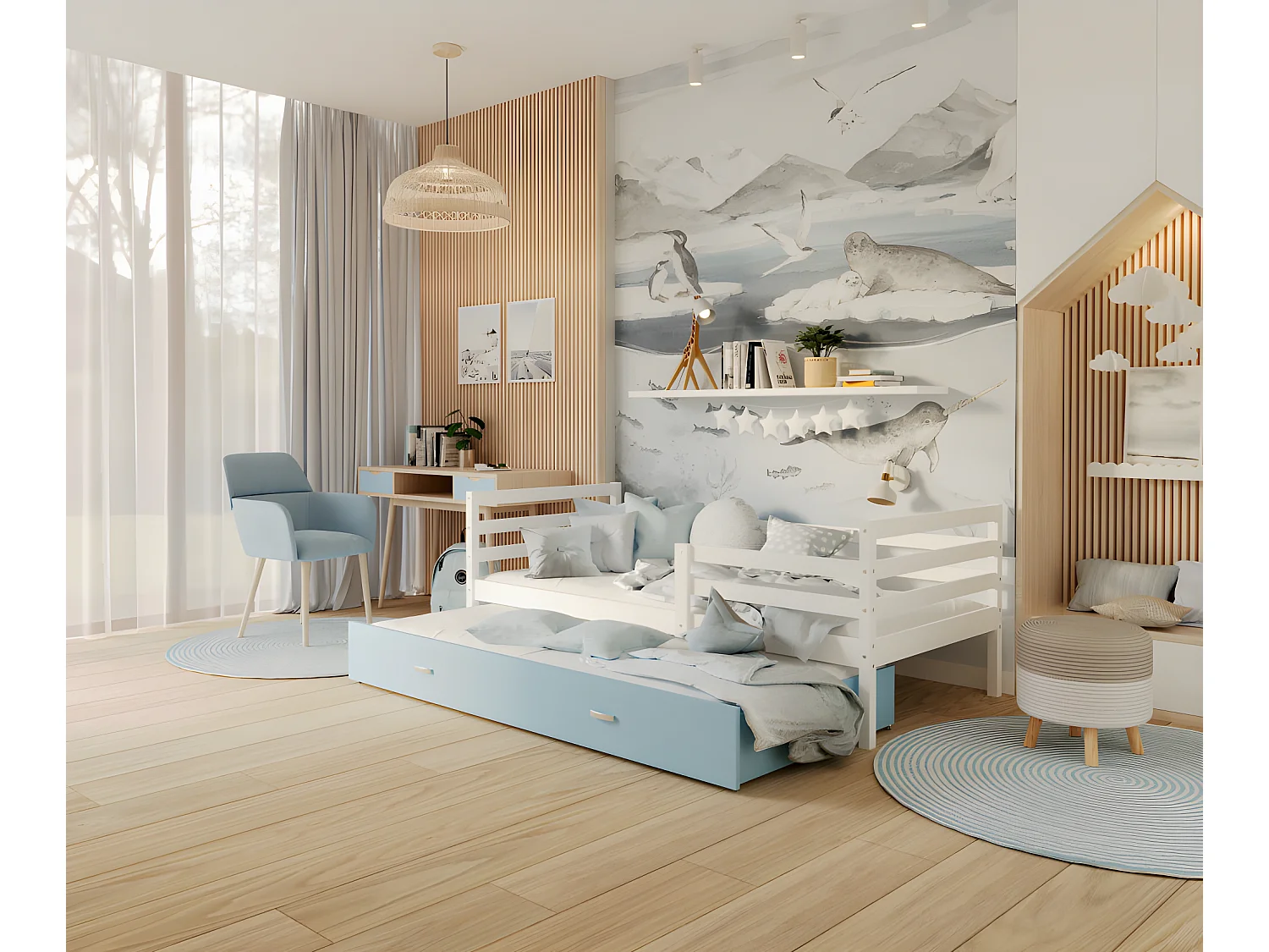 Lit Gigogne Milo 90x190 Blanc - bleu Livré avec sommiers, tiroir et matelas en mousse de 7cm