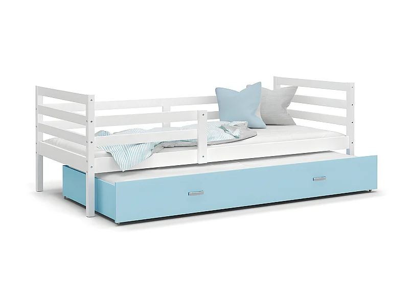 Lit Gigogne Milo 90x190 Blanc - bleu Livré avec sommiers, tiroir et matelas en mousse de 7cm