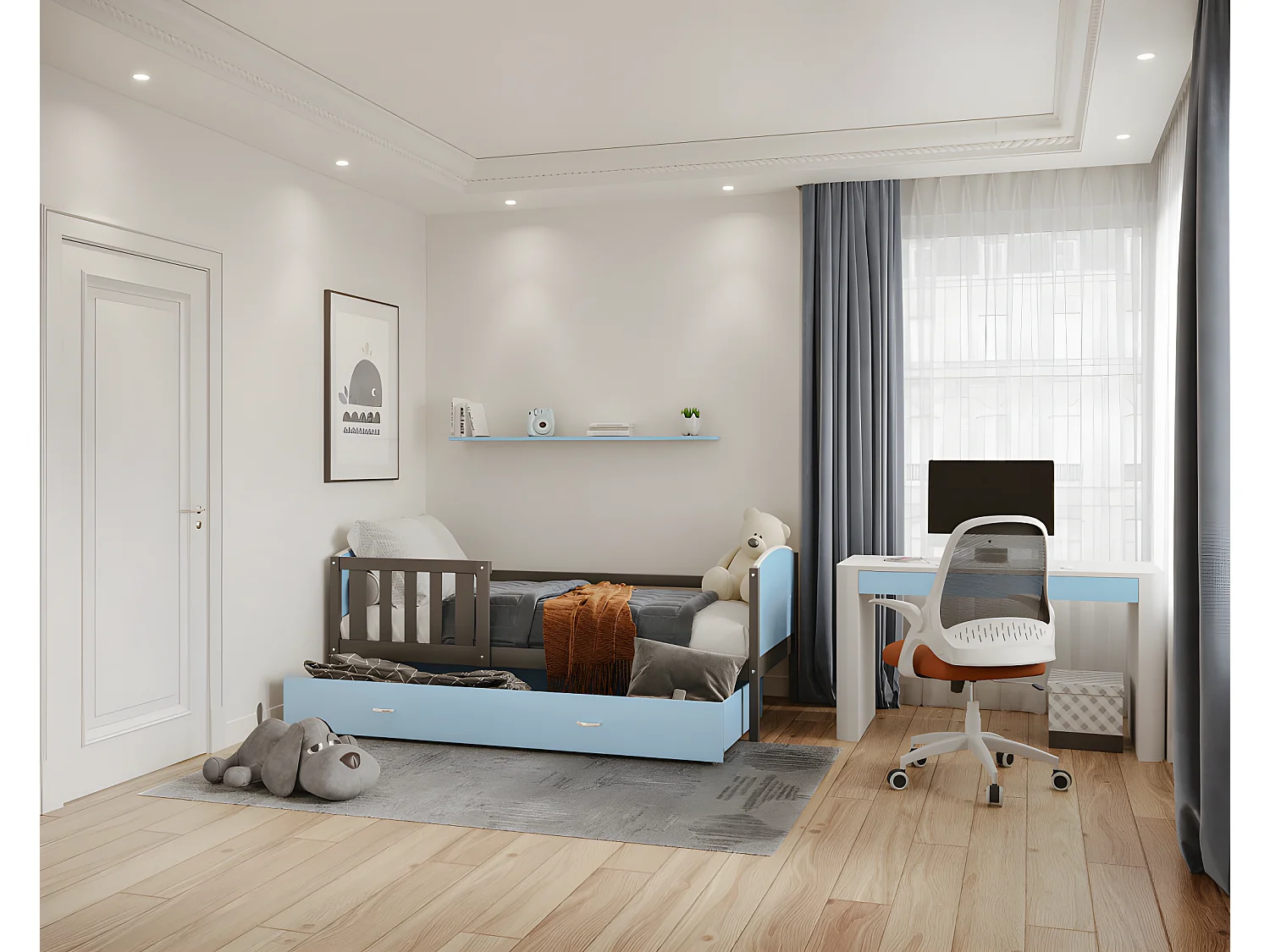 Lit Gigogne Tomy 90x190 Gris - bleu Livré avec sommiers, tiroir et matelas en mousse de 7cm