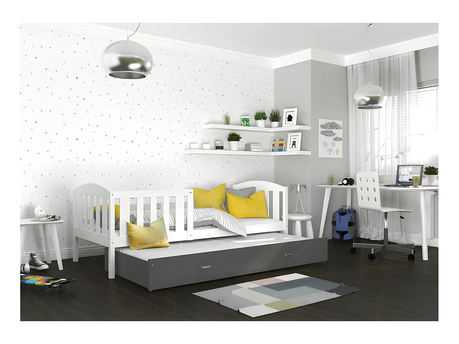 Lit Gigogne Teo 90x190 Blanc - gris Livré avec sommiers, tiroir et matelas en mousse de 7cm