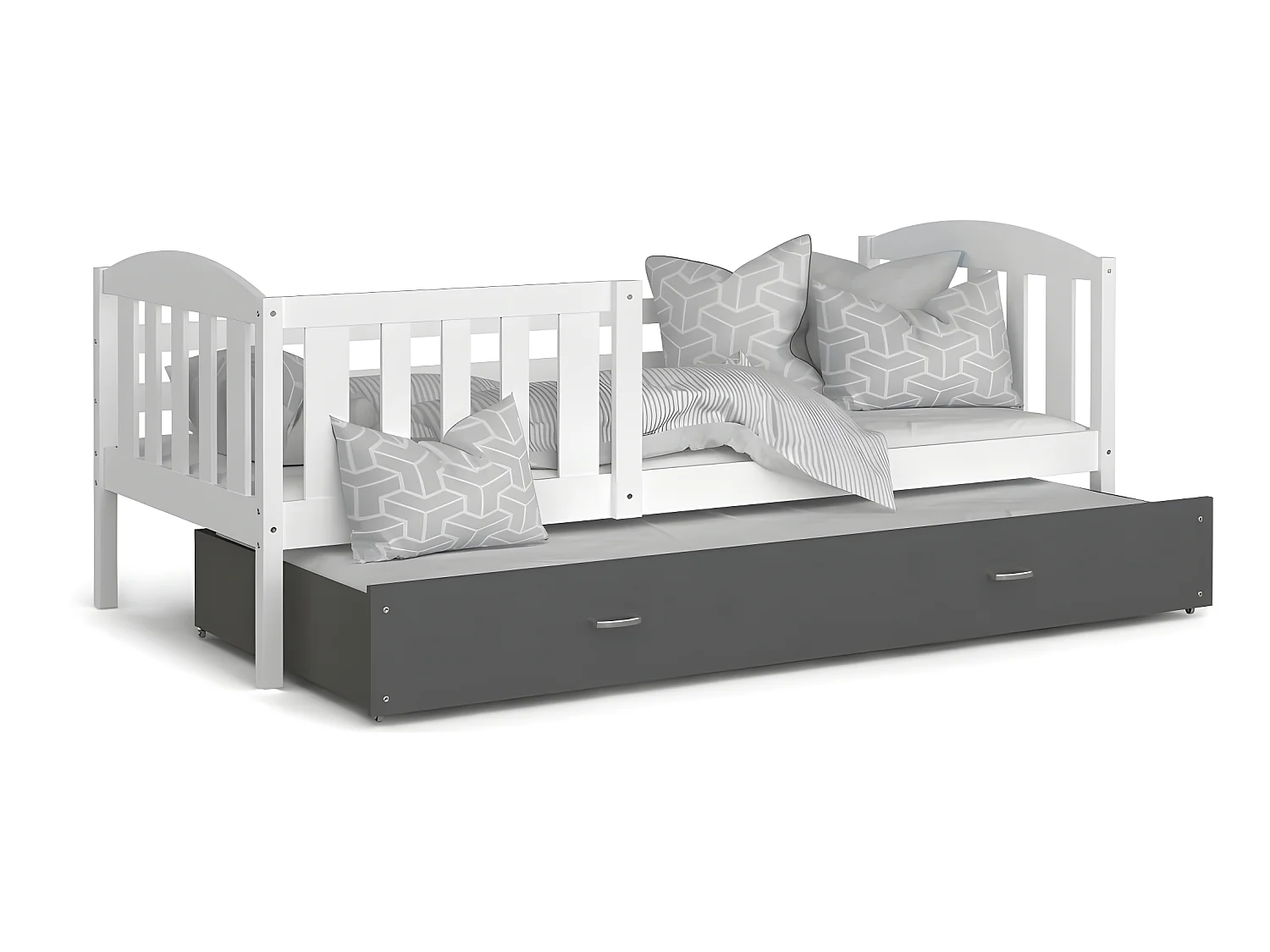 Lit Gigogne Teo 90x190 Blanc - gris Livré avec sommiers, tiroir et matelas en mousse de 7cm