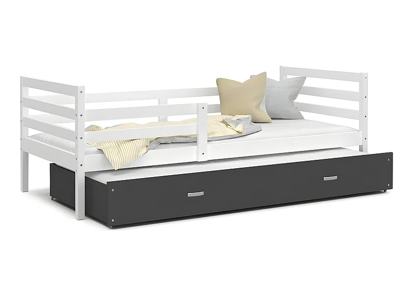Lit Gigogne Milo 90x190 Blanc - gris Livré avec sommiers, tiroir et matelas en mousse de 7cm
