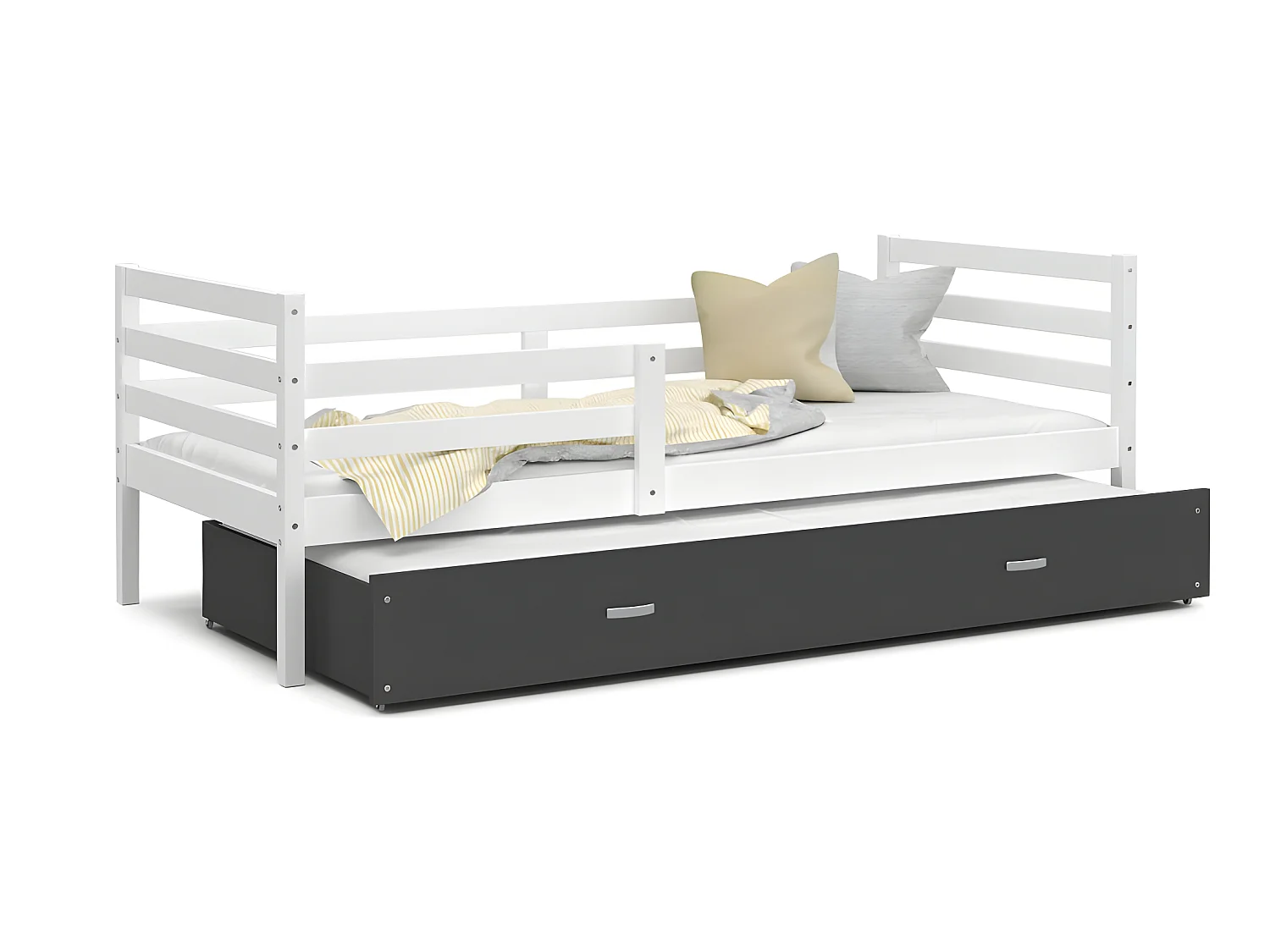 Lit Gigogne Milo 90x190 Blanc - gris Livré avec sommiers, tiroir et matelas en mousse de 7cm