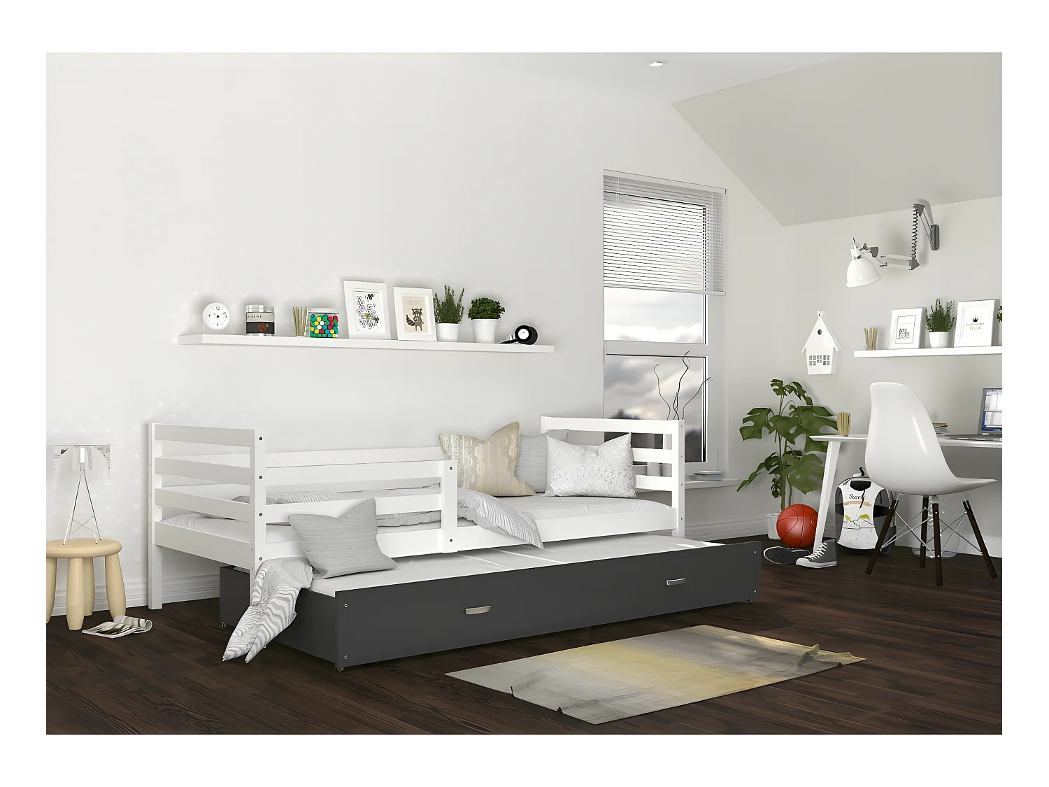 Lit Gigogne Milo 90x190 Blanc - gris Livré avec sommiers, tiroir et matelas en mousse de 7cm