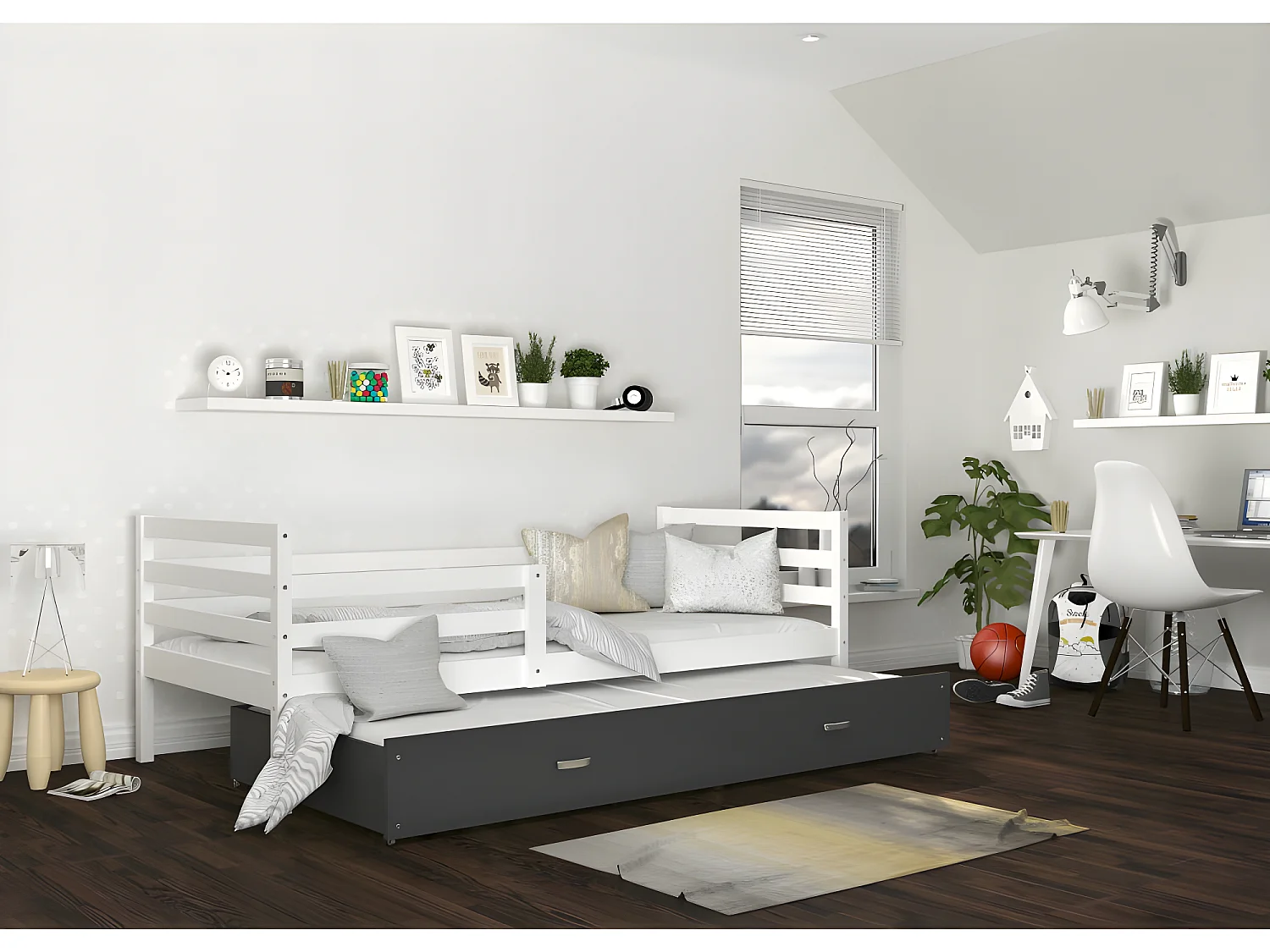 Lit Gigogne Milo 90x190 Blanc - gris Livré avec sommiers, tiroir et matelas en mousse de 7cm