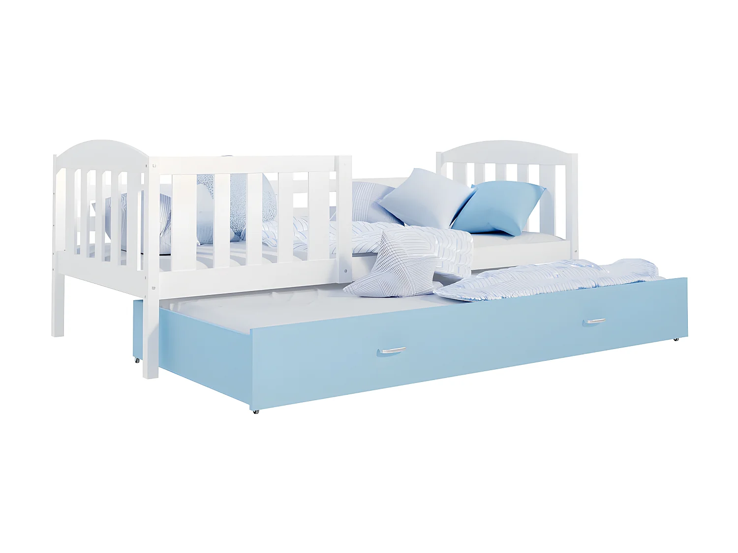 Lit Gigogne Teo 90x190 Blanc - bleu Livré avec sommiers, tiroir et matelas en mousse de 7cm