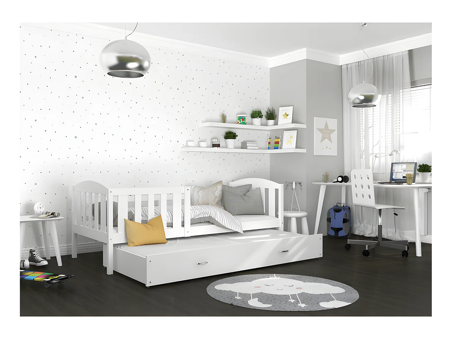 Lit Gigogne Teo 90x190 Blanc - blanc Livré avec sommiers, tiroir et matelas en mousse de 7cm