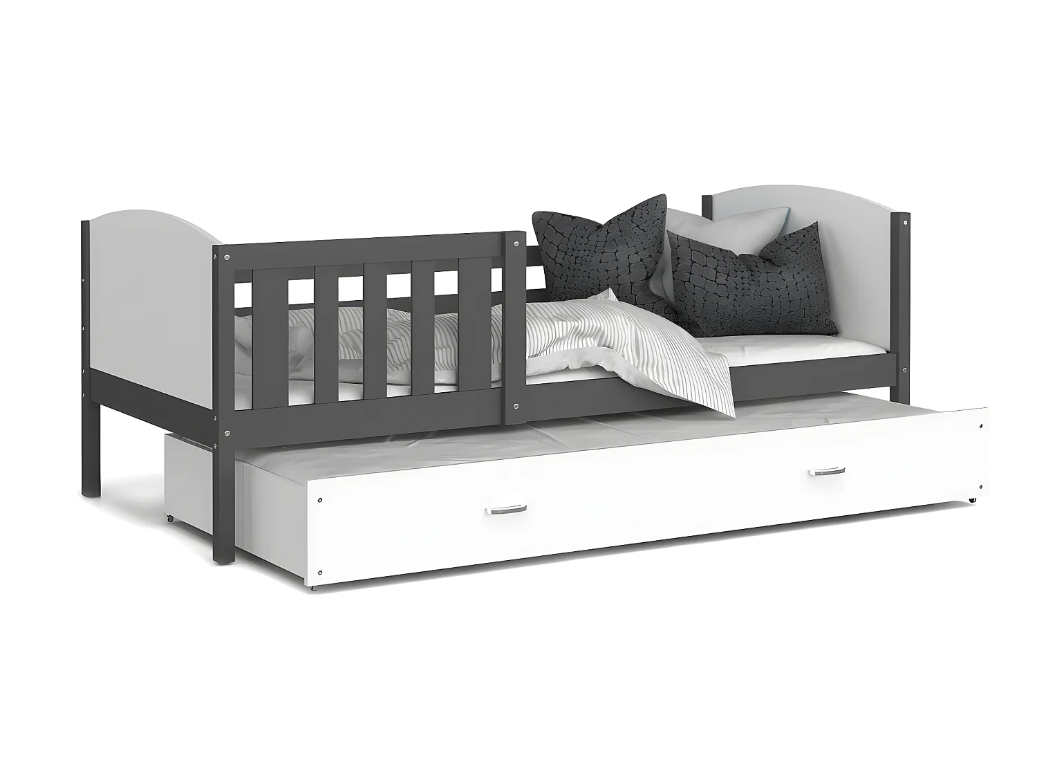 Lit Gigogne Tomy 90x190 Gris - blanc Livré avec sommiers, tiroir et matelas en mousse de 7cm