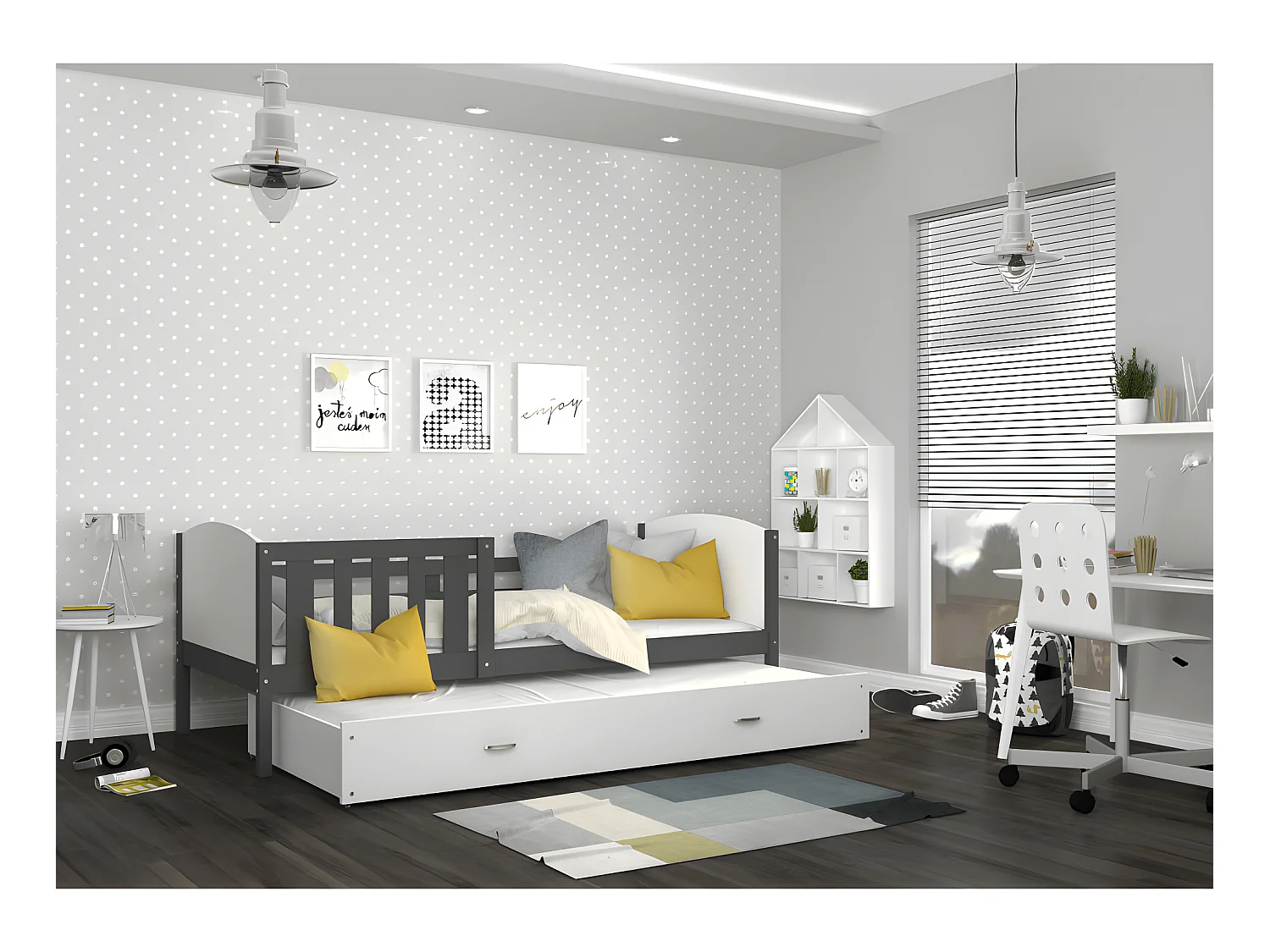 Lit Gigogne Tomy 90x190 Gris - blanc Livré avec sommiers, tiroir et matelas en mousse de 7cm