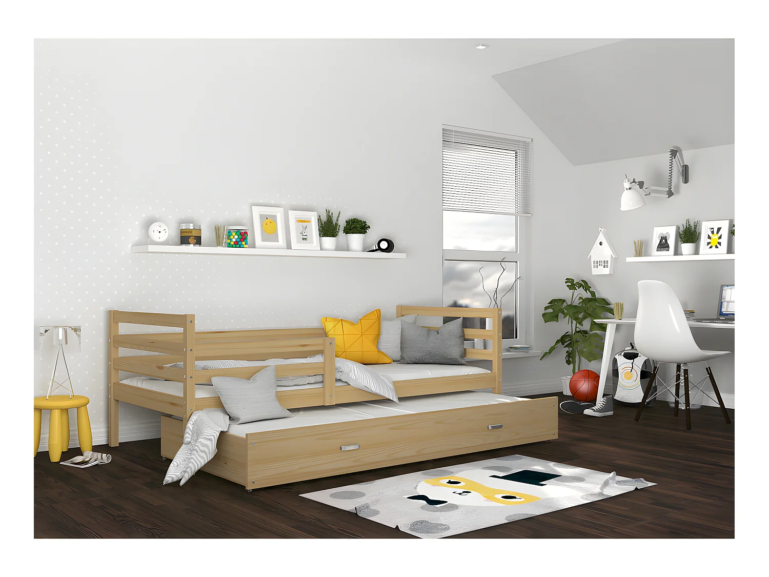 Lit Gigogne Milo 90x190 Pin Livré avec sommiers, tiroir et matelas en mousse de 7cm