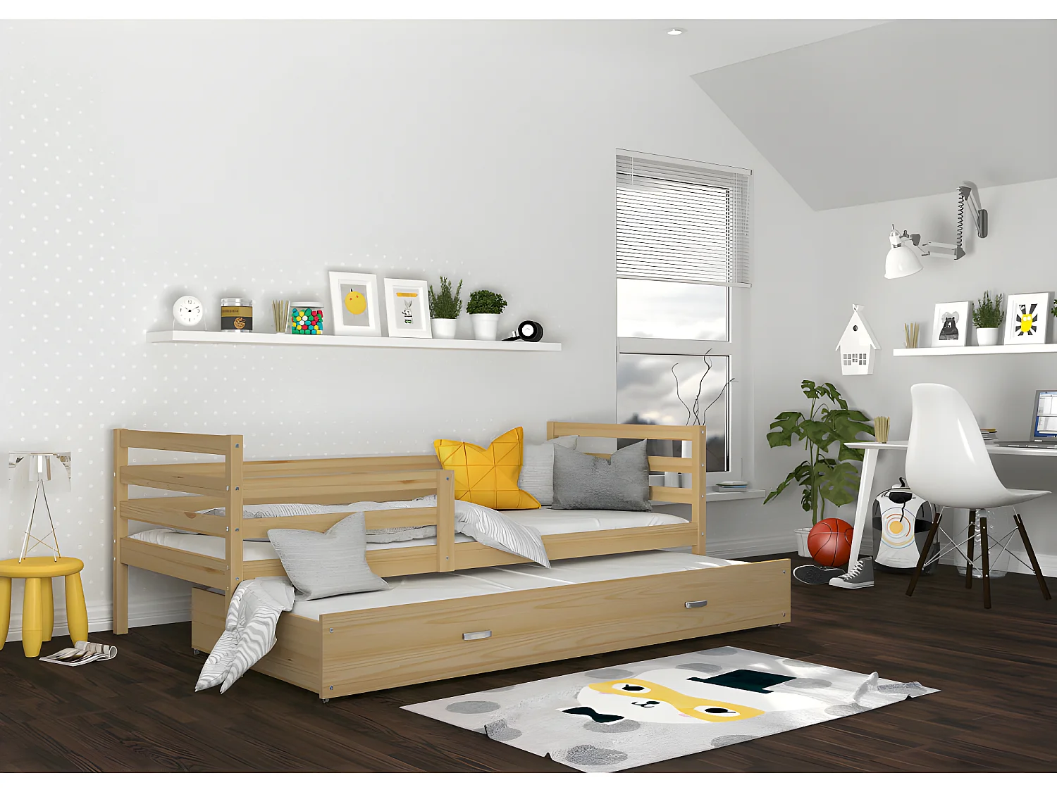 Lit Gigogne Milo 90x190 Pin Livré avec sommiers, tiroir et matelas en mousse de 7cm