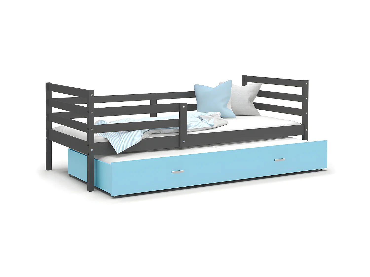Lit Gigogne Milo 90x190 Gris - bleu Livré avec sommiers, tiroir et matelas en mousse de 7cm