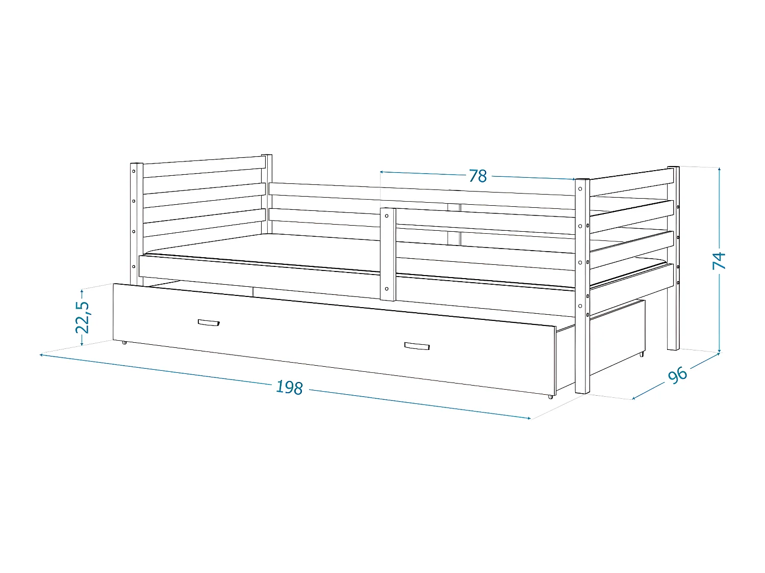 Lit Gigogne Milo 90x190 Gris - bleu Livré avec sommiers, tiroir et matelas en mousse de 7cm