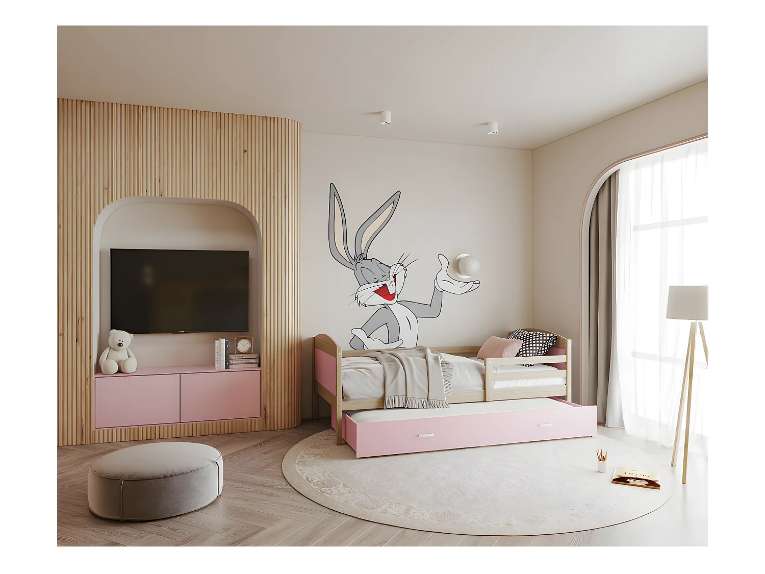 Lit Gigogne Mateo 90x190 Pin - rose Livré avec sommiers, tiroir et matelas en mousse de 7cm