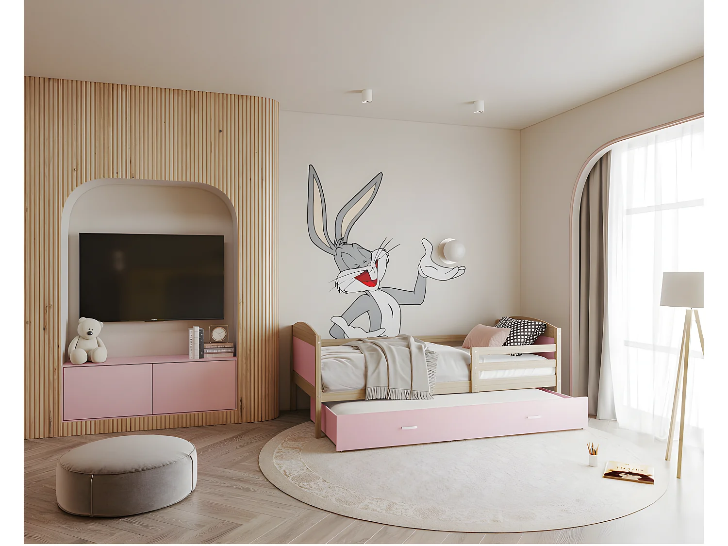 Lit Gigogne Mateo 90x190 Pin - rose Livré avec sommiers, tiroir et matelas en mousse de 7cm