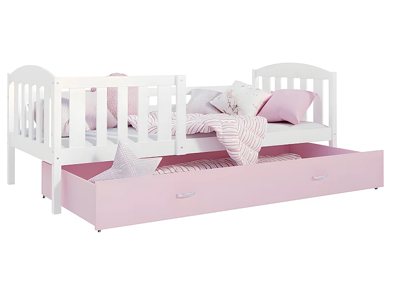 Lit Gigogne Teo 90x190 Blanc - rose Livré avec sommiers, tiroir et matelas en mousse de 7cm