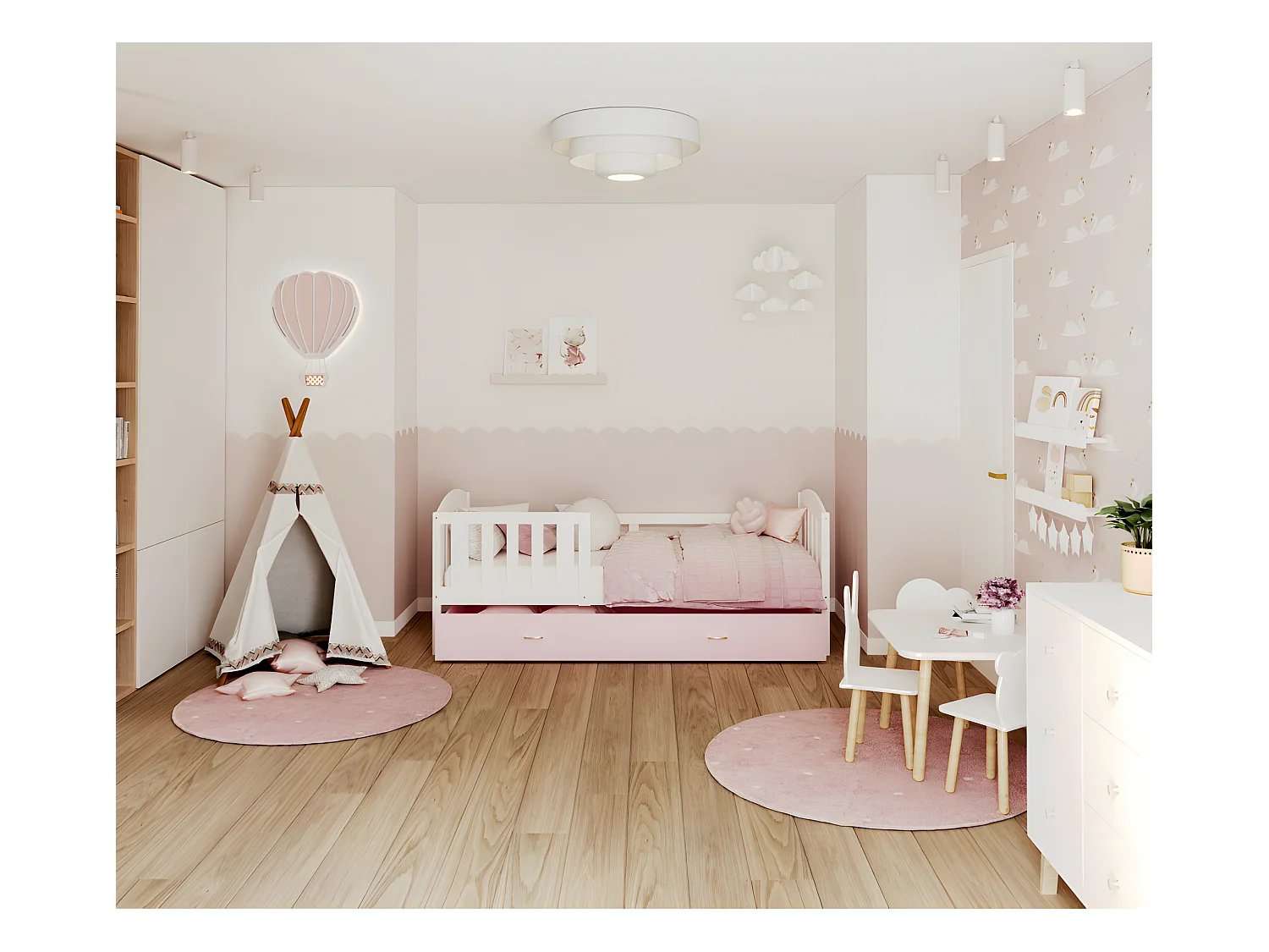 Lit Gigogne Teo 90x190 Blanc - rose Livré avec sommiers, tiroir et matelas en mousse de 7cm