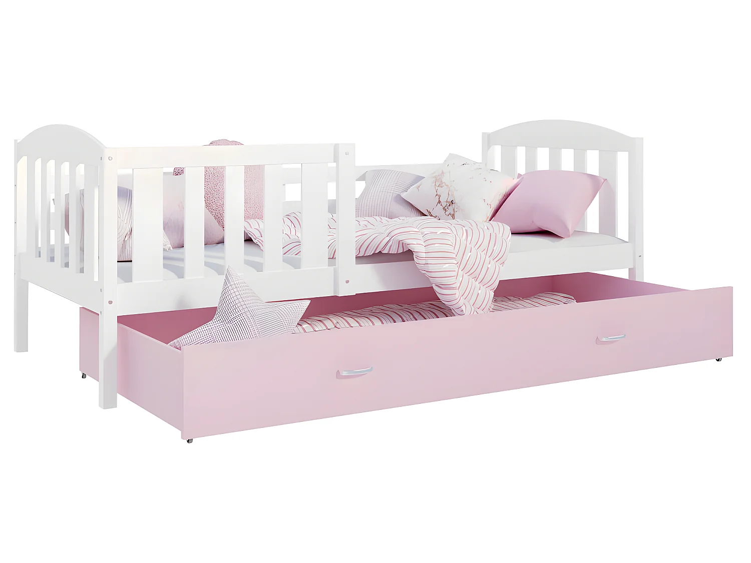 Lit Gigogne Teo 90x190 Blanc - rose Livré avec sommiers, tiroir et matelas en mousse de 7cm