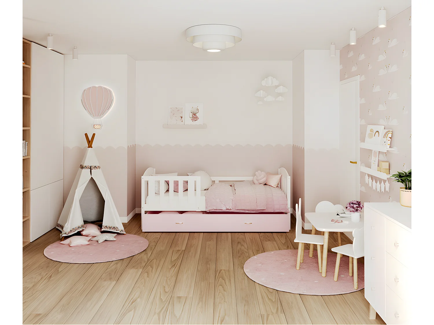 Lit Gigogne Teo 90x190 Blanc - rose Livré avec sommiers, tiroir et matelas en mousse de 7cm