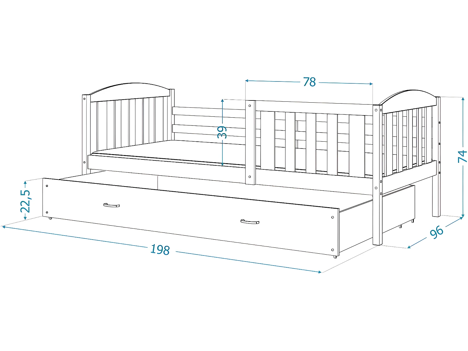 Lit Gigogne Teo 90x190 Blanc - rose Livré avec sommiers, tiroir et matelas en mousse de 7cm
