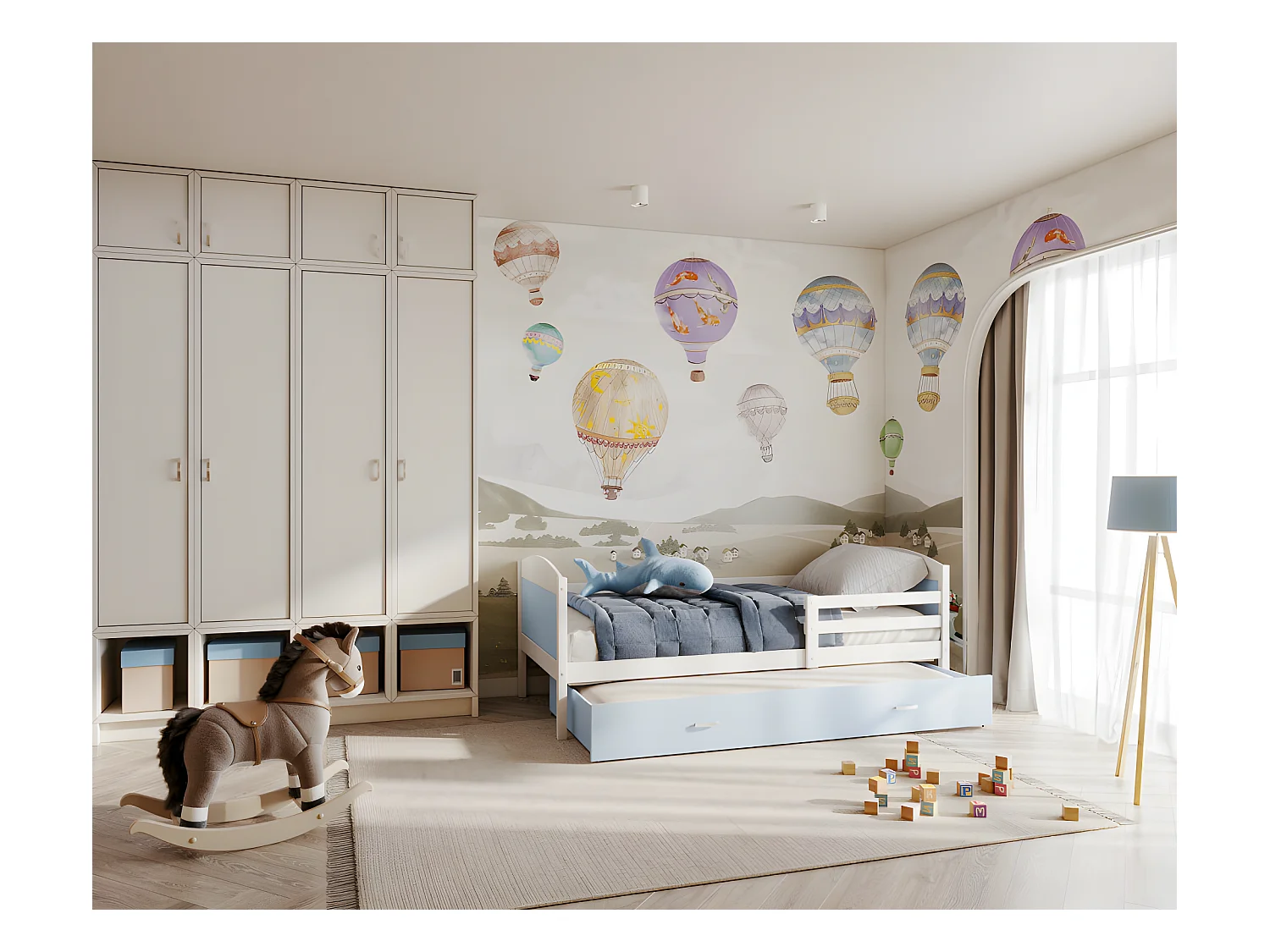 Lit Gigogne Mateo 90x190 Blanc - bleu Livré avec sommiers, tiroir et matelas en mousse de 7cm