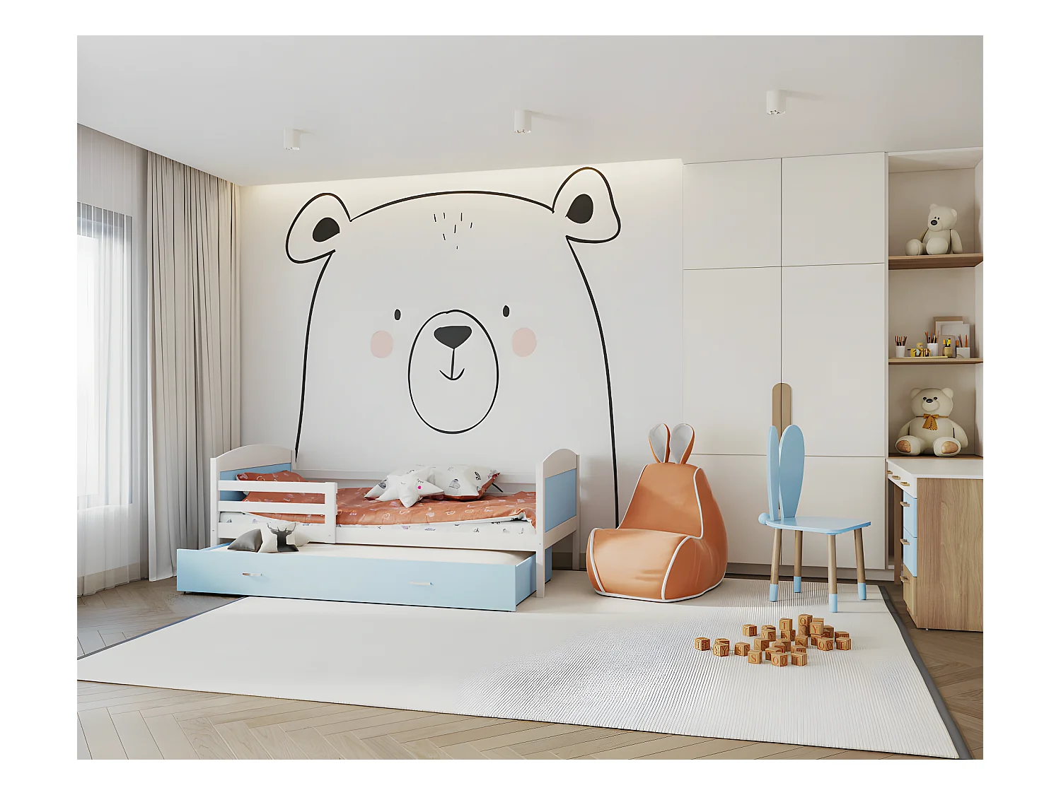 Lit Gigogne Mateo 90x190 Blanc - bleu Livré avec sommiers, tiroir et matelas en mousse de 7cm