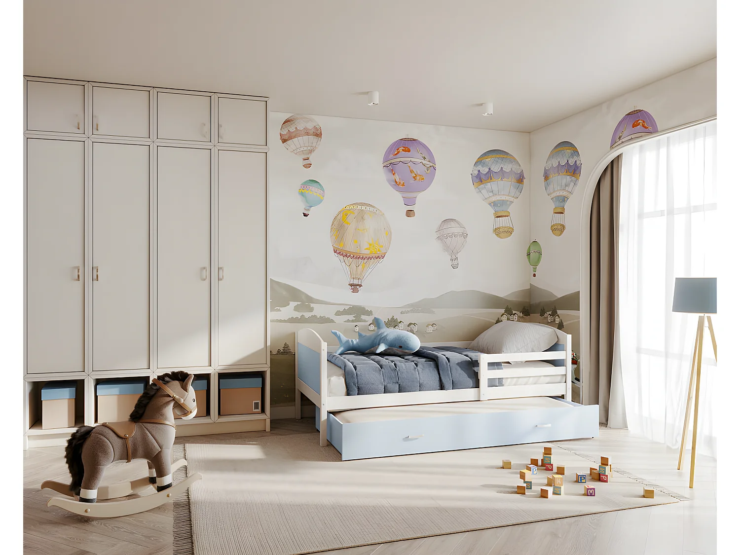 Lit Gigogne Mateo 90x190 Blanc - bleu Livré avec sommiers, tiroir et matelas en mousse de 7cm