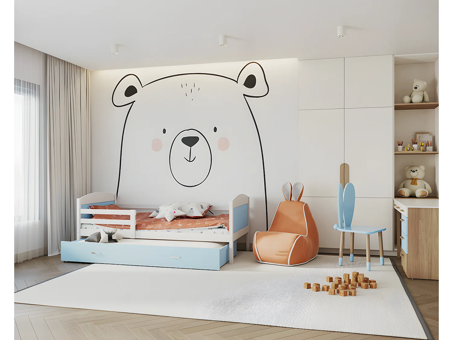 Lit Gigogne Mateo 90x190 Blanc - bleu Livré avec sommiers, tiroir et matelas en mousse de 7cm