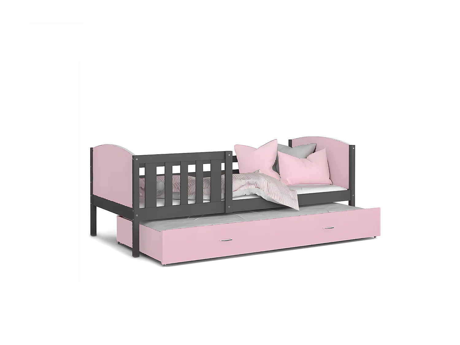 Lit Gigogne Tomy 90x190 Gris - rose Livré avec sommiers, tiroir et matelas en mousse de 7cm